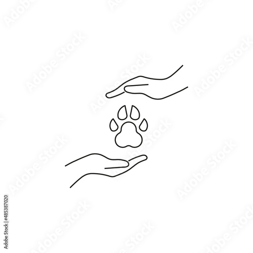 Present, charity, giving concept. Outline monochrome symbols drawn in flat style. Suitable for articles, advertisements, books etc. Line icon of dogs paw between outstretched hands