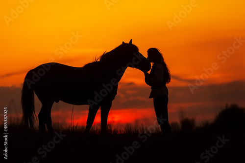 beautiful woman with long hair tenderly kisses her horse on the head at sunset © michal