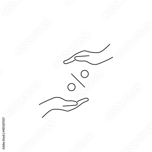 Present, charity, giving concept. Outline monochrome symbols drawn in flat style. Suitable for articles, advertisements, books etc. Line icon of percent sign between outstretched hands