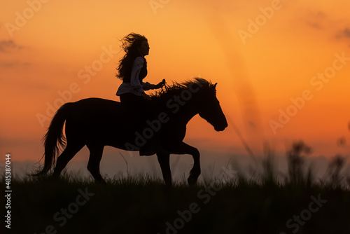 beautiful woman with long hair speeding away into the sunset
