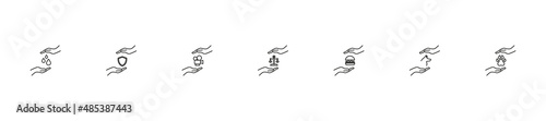 Give, charity, present concept. Modern monochrome outline signs drawn in flat style. Line icon set with icons of drops, armor, camera, scales, burger, dog, paw between outstretched hands
