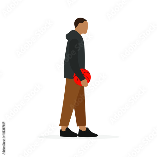 Male character with a basketball ball in his hand stands on a white background