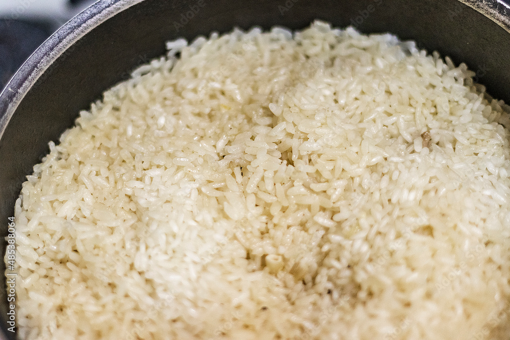 Close up shot of a cooked white rice. Food