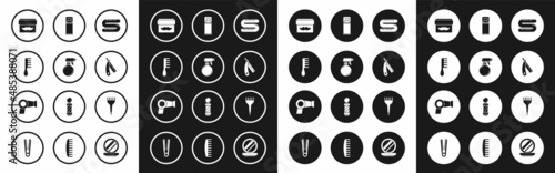 Set Towel, Hairdresser pistol spray bottle, Hairbrush, Cream or lotion cosmetic jar, Straight razor, Shaving gel foam, and dryer icon. Vector