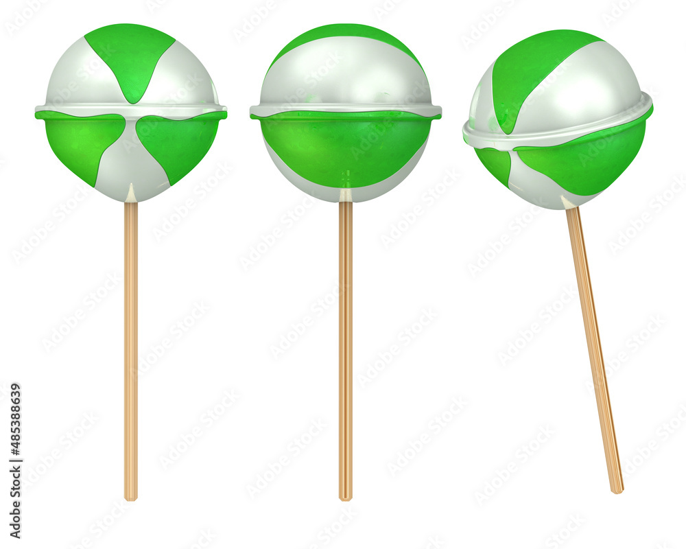 White and green delicious lollipop. Set of the view of white and green lollipop against white background. 3D illustration White and green delicious lollipop. Set of the view of white and green lollipop against white background. 3D illustration