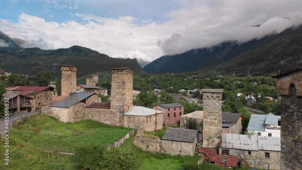 Mestia village with typical tower houses Mestia village with typical tower houses