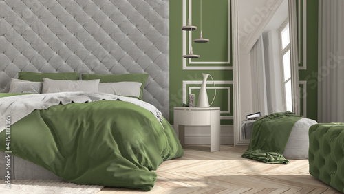Classic bedroom in green tones with modern furniture, close up, parquet, velvet double bed with pillows, side table, pendant lamp, carpet, mirror and decors. Interior design idea