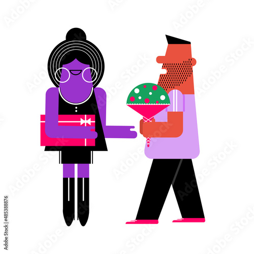 A man gives a flower to a beautiful woman. Valentine Day or  International Women's Day concept. Modern art vector illustration of couple. Flat design congratulation