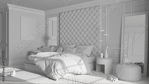 Total white project, classic bedroom with modern furniture, parquet, velvet double bed with pillows and duvet, side tables, pendant lamps, carpet and decors. Interior design idea