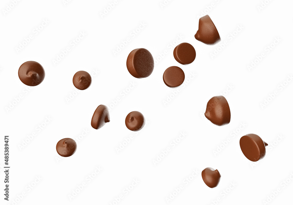 Chocolate Chips Flying isolated on white background 3d illustration Chocolate Chips Flying isolated on white background 3d illustration