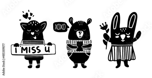Black and white cute animals in Scandinavian style. Hand drawn vector illustration for posters, cards, t-shirts. Monochrome cat, bear, hare