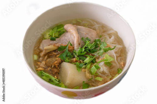 rice noodle with chicken in clear soup