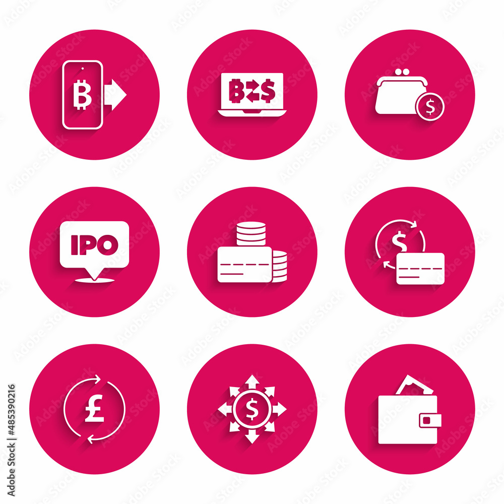 Set Credit card, Dollar, share, network, Wallet with money, Coin pound, IPO, coins and Mining bitcoin from mobile icon. Vector Set Credit card, Dollar, share, network, Wallet with money, Coin pound, IPO, coins and Mining bitcoin from mobile icon. Vector