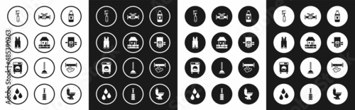 Set Bottle for cleaning agent, Water supply pipes, Work overalls, Pipe adjustable wrench, Gas boiler, Industry metallic, Broken and Washer icon. Vector