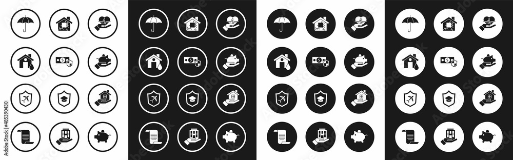Set Life insurance in hand, Money with shield, House flood, Umbrella, Piggy bank, and Plane icon. Vector
