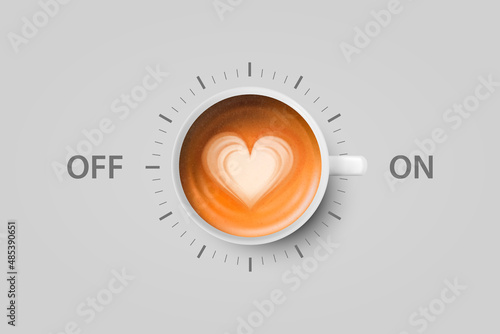 Vector 3d Realistic Off, On Switch with Coffee in White Ceramic, Porcelain Coffee Mug on Whitek. Latte, Capuccino. Coffee Cup Icon. Concept Creative Banner with Coffee Cup. Design Template. Top View