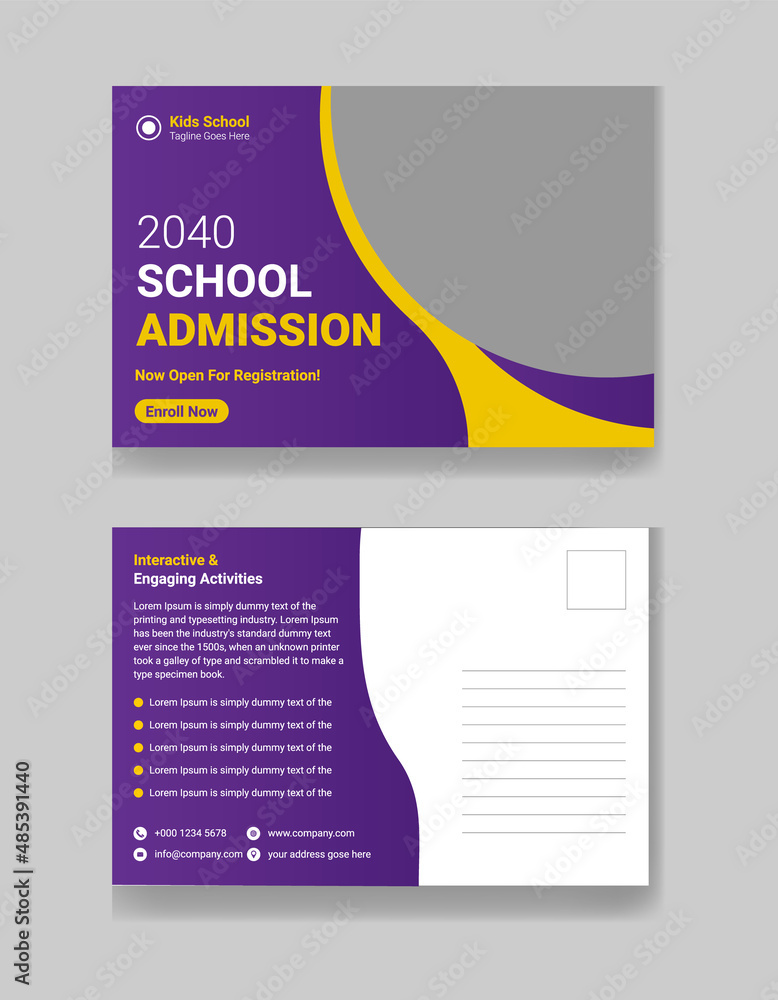 Modern school admission postcard template. Kids back to school education postcard, brochure cover layout illustration
