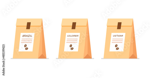 Packaging design for coffee from different country. Vector template with your label. Craft paper package.