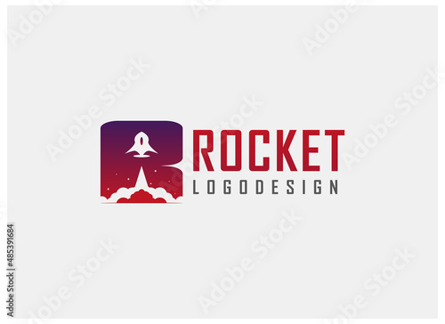 Abstract Initial Letter R Rocket Logo. Purple and Red Gradient Letter R with Rocket Icon Negative Space isolated on Gray Background. Usable for Business, Branding, Identity and Technology Logos. 