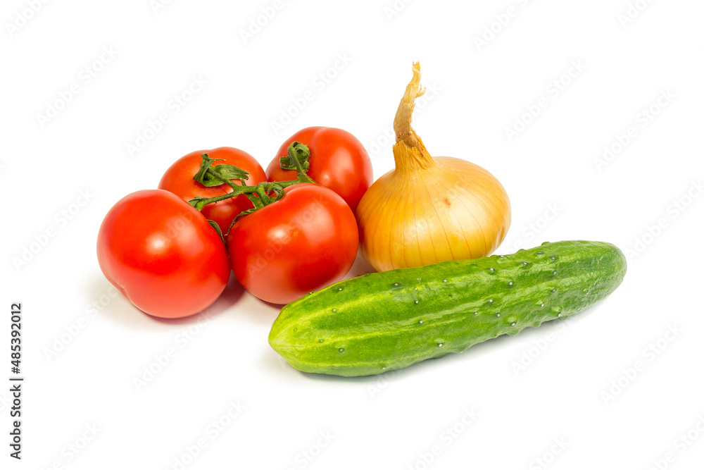 Cucumber, tomatoes and bulb on white background. It is isolated. Cucumber, tomatoes and bulb on white background. It is isolated.