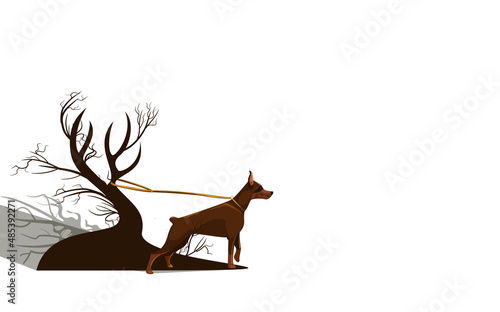 Vector image isolated on a white background of a lone dog tied to a tree.Concept. EPS 10