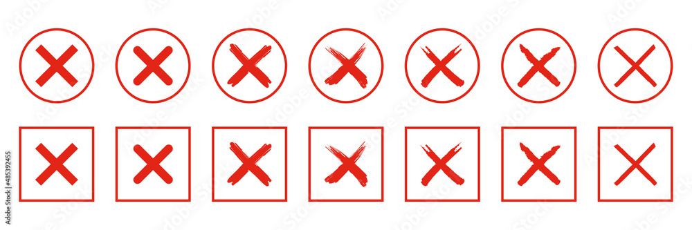Red cross icon set. Letter X and Mark Brush Stroke Icon Set Vector Design. Wrong mark, no wrong sign.