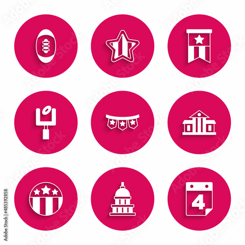 Set Carnival garland with flags, White House, Calendar date July 4, Medal star, American football goal post, and Football icon. Vector