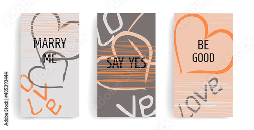 Stylish vector template for social media posts, stories, banners, mobile apps, advertising. Romantic design with a heart and thin chaotic lines, with space for text, trendy colors, gray, orange, pink
