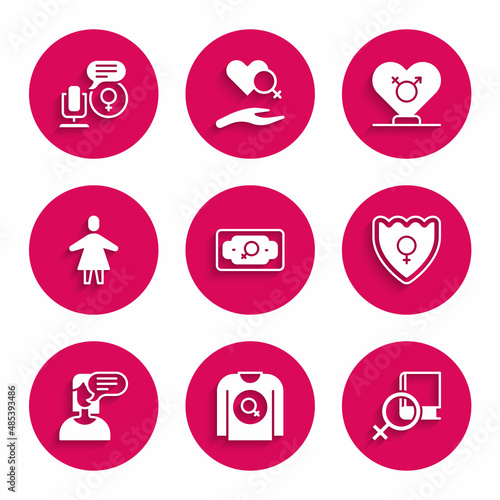 Set Money growth woman, Feminist shirt, Book about women, Gender shield, Female, opinion, and Microphone icon. Vector