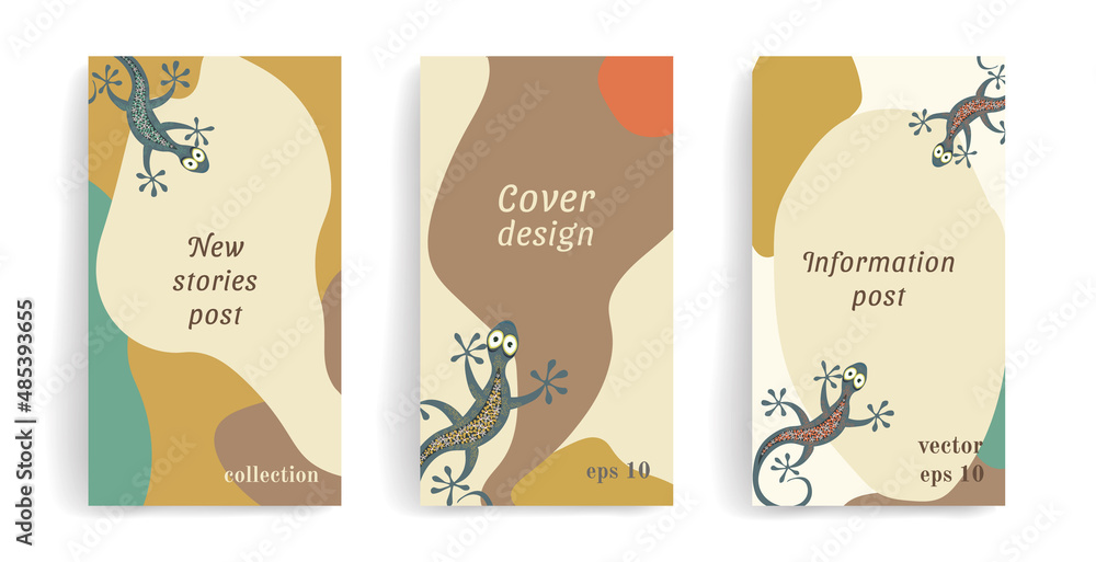 Stylish vector template for social media posts, stories, banners, mobile apps, magazines, posters, book covers, creative business card design in warm pastel colors with lizard drawing.