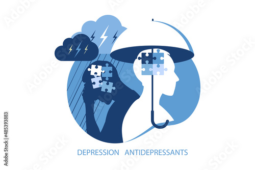 Mental health, antidepressants and depression psychology concept. Two man different states of consciousness mind - depression and positive mental health mood. Vector illustration. Flat