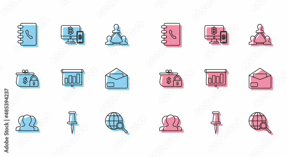 Set line Users group, Presentation financial board graph, schedule, chart, diagram, infographic, pie graph, Envelope, Closed wallet lock and Computer monitor mobile phone and bitcoin icon. Vector