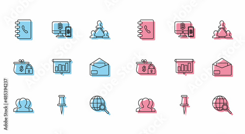 Set line Users group, Presentation financial board graph, schedule, chart, diagram, infographic, pie graph, Envelope, Closed wallet lock and Computer monitor mobile phone and bitcoin icon. Vector