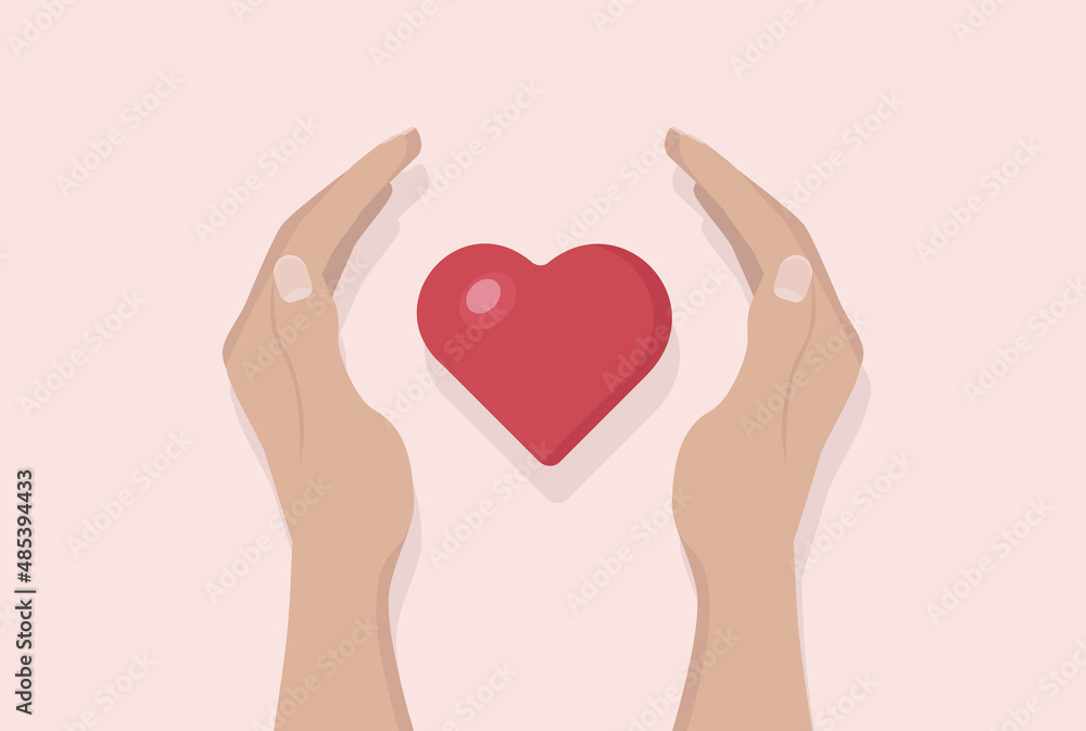 vector flat illustration of hands holding a heart. concept of care, protection of love and family. healthy heart, cordiology, health care vector flat illustration of hands holding a heart. concept of care, protection of love and family. healthy heart, cordiology, health care