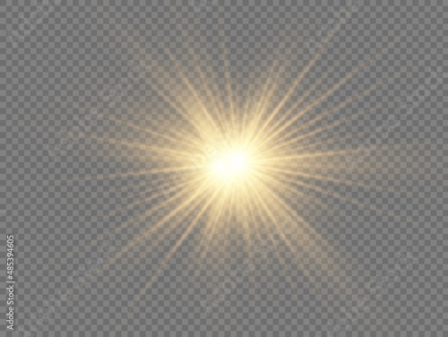 yellow light star, sun rays, golden sparks sparkle