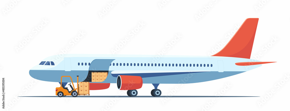 Cargo plane, side view. Cargo Transportation by Plane. Loading Luggage Compartment Aircraft. Loader preparing to load the boxes into the luggage compartment of the aircraft. Vector Illustration.