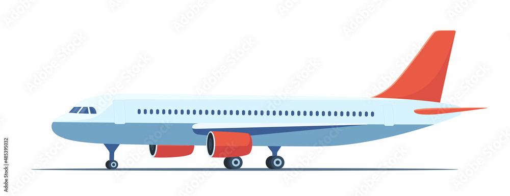 Passenger airplane, side view. Profile of aircraft isolated on white background. Flat vector illustration of aeroplane with portholes, wings and engines.