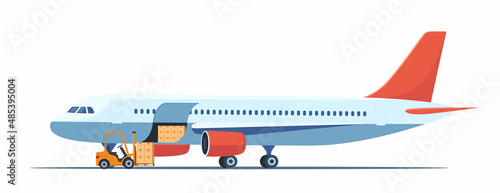 Cargo plane, side view. Cargo Transportation by Plane. Loading Luggage Compartment Aircraft. Loader preparing to load the boxes into the luggage compartment of the aircraft. Vector Illustration.