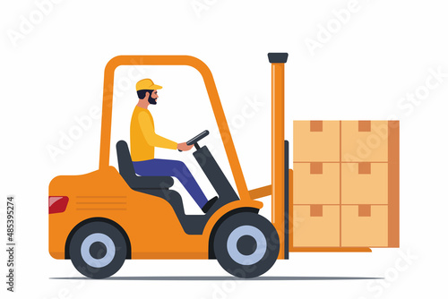Orange forklift truck with driver and pile of boxes. Electric uploader. Delivery, logistic and shipping cargo. Warehouse and storage equipment. Flat vector illustration.