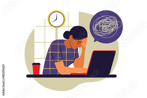 Woman in depression with bewildered thoughts in her mind. Young sad girl sitting at laptop. Vector illustration. Flat .