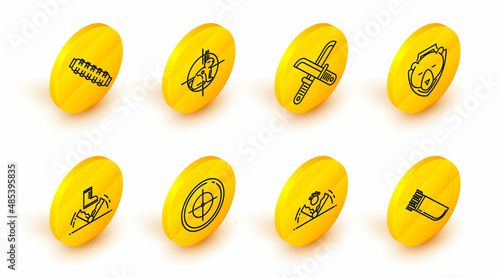 Set line Quiver with arrows, Trap hunting, Target sport for shooting competition, Bear head shield, Crossed hunter knife, Hunt rabbit crosshairs and Hunting cartridge belt cartridges icon. Vector