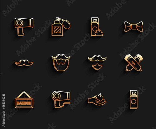Set line Barbershop, Hair dryer, Shaving gel foam on hand, Mustache beard, Crossed electrical hair clipper or shaver and icon. Vector