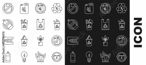 Set line Battery with recycle symbol, No canister for gasoline, Recycle bin, Bio fuel, plastic bottle, Say no to bags poster and Plastic icon. Vector