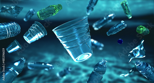 Plastic bottles and plastic parts float underwater in the ocean and pollute the sea - 3d illustration