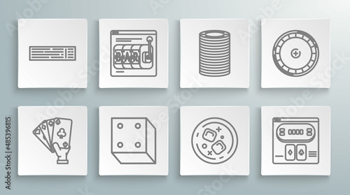 Set line Hand holding playing cards, Online slot machine, Game dice, Glass of whiskey cubes, poker table game, Casino chips, roulette wheel and Deck icon. Vector