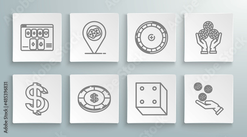 Set line Dollar symbol, Casino location, chip with dollar, Game dice, Hand holding casino chips, roulette wheel, and Online poker table game icon. Vector