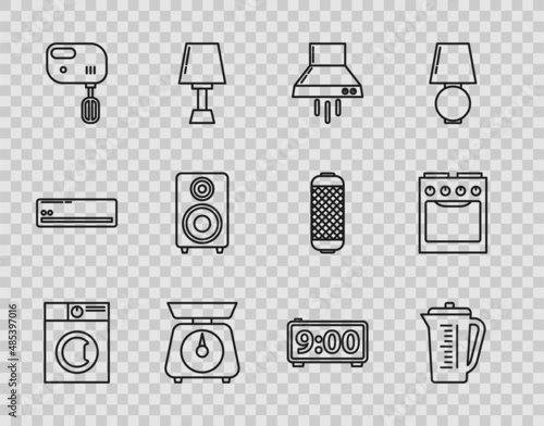 Set line Washer, Measuring cup, Kitchen extractor fan, Scales, Electric mixer, Stereo speaker, Digital alarm clock and Oven icon. Vector