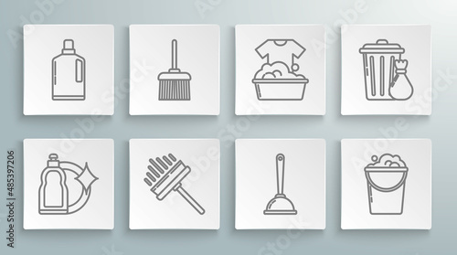 Set line Plastic bottles for liquid dishwashing liquid, Handle broom, Squeegee, scraper, wiper, Toilet plunger, Bucket with foam bubbles, basin soap suds, Trash can garbage bag and icon. Vector