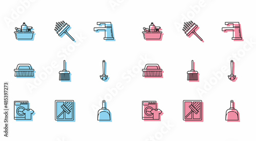 Set line Washer and t-shirt, Squeegee, scraper, wiper, Plastic bottles for liquid dishwashing liquid, Dustpan, Handle broom, Toilet brush, Brush cleaning and icon. Vector