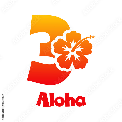 Logotipo texto Aloha con número 3 en tipografía tiki con silueta de flor de hibisco en color naranja